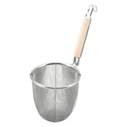 MINEX Stainless Steel Udon Tebo Noodle Strainer Round Base With Plain Wooden Handle
