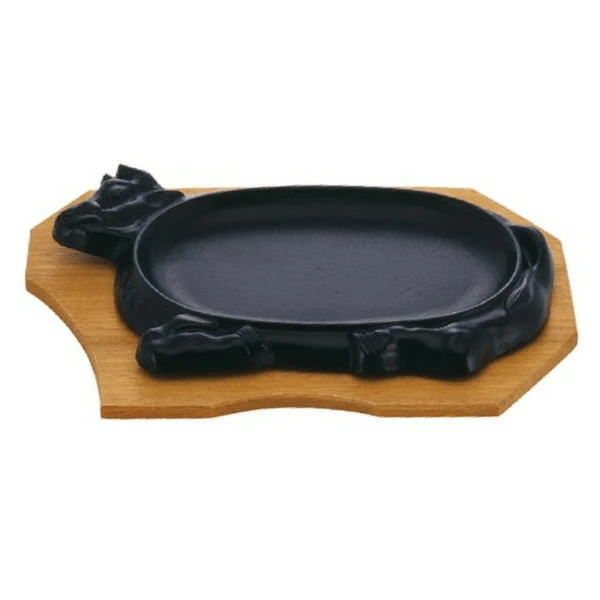 Ikenaga Cast Iron Cow Shaped Sizzle Platter With Wood Base 1 Ikenaga Cast Iron Cow Shaped Sizzle Platter With Wood Base